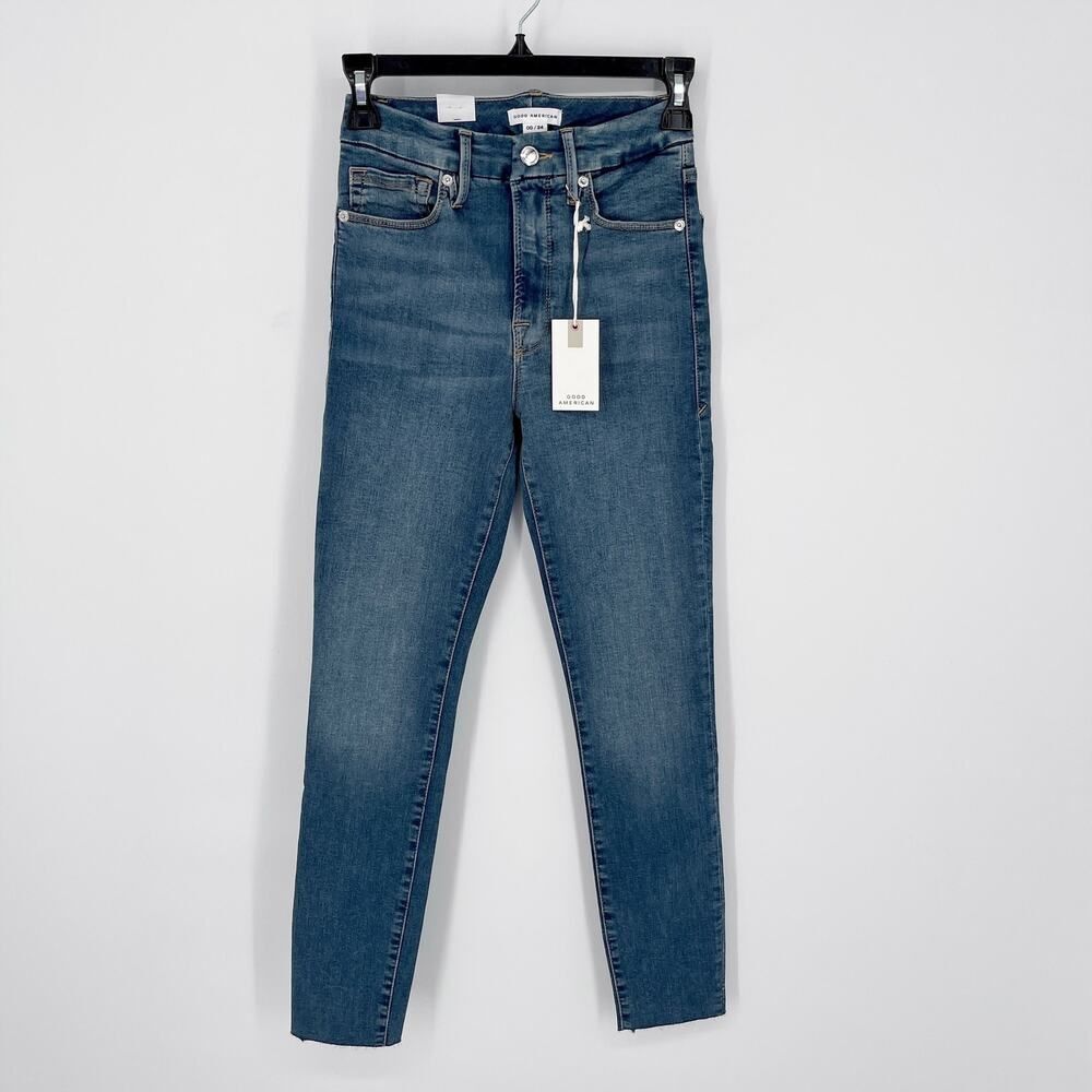 Good American Good Waist Crop Raw Edge Skinny Jeans NEW Size 00 / 24 Blue